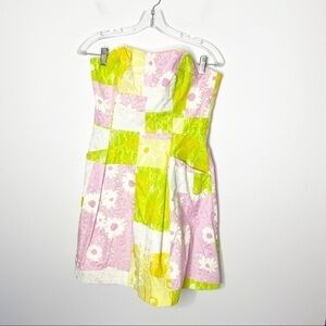 Lilly Pulitzer Pink Green Yellow Strapless Patchwork Dress Size 8